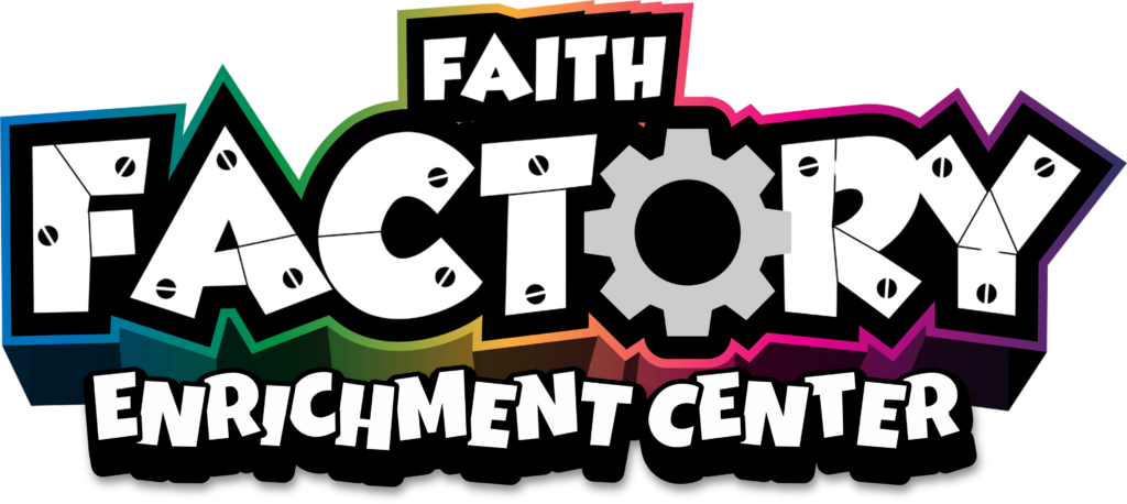 Faith Factory Enrichment Center logo with bold colorful lettering on a purple and white background.
